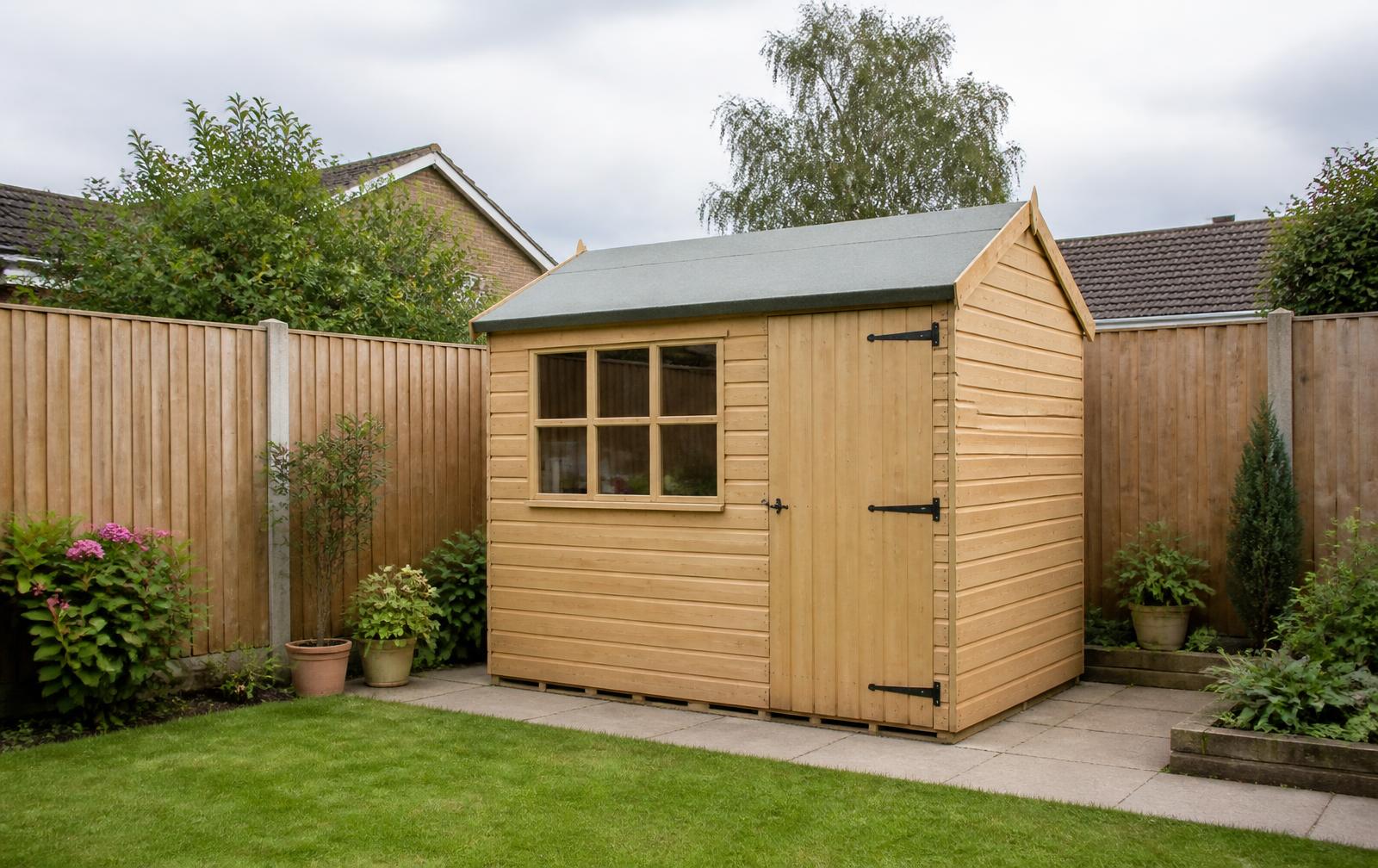 Timber apex garden shed with a window in a typical UK back garden